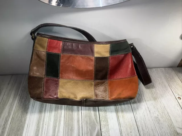 VTG Fossil Leather Multicolor Patchwork Small Keyper Shoulder Boho Handbag Purse