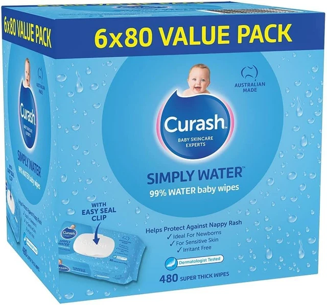 Curash Simply Water Baby Wipes 6 x 80 Value Packs - Fast & Free Shipping