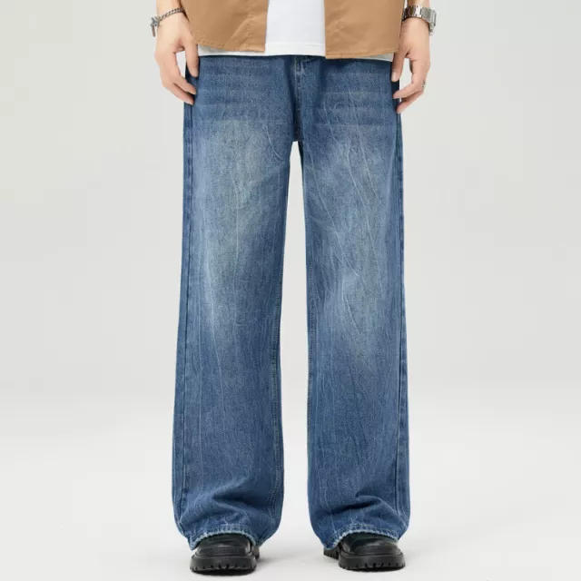 Uomo Dritto Gamba Lavaggio Pantaloni Denim Jeans Larghi con Tasche Bootcut Lungo