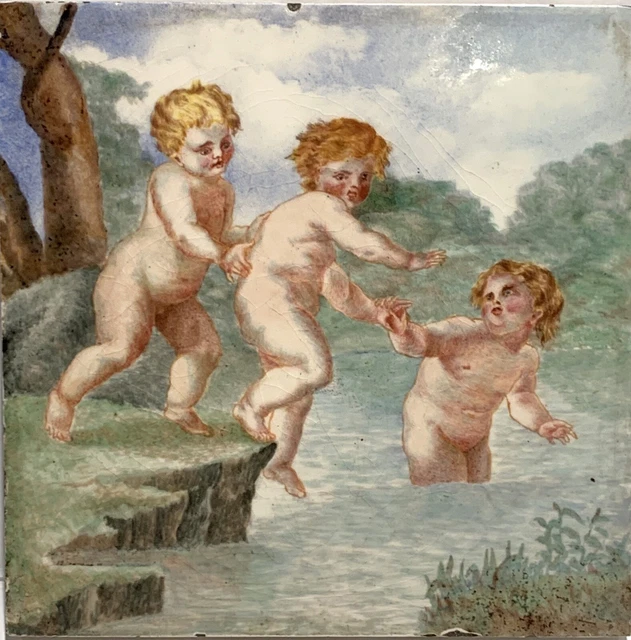 Antique Italian Hand Painted Ceramic Putti's Tile