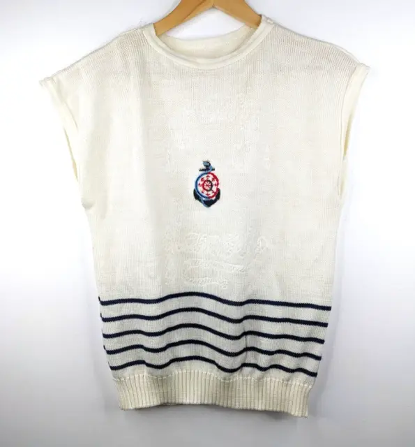Vintage Women 80s White Navy Blue Striped Knitted Top Tee Size 8 10 12 Nautical