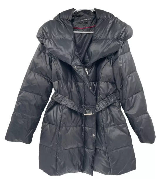 Via Spiga Womens Puffer Jacket Black Size XL Down Long Coat Belt Buckle