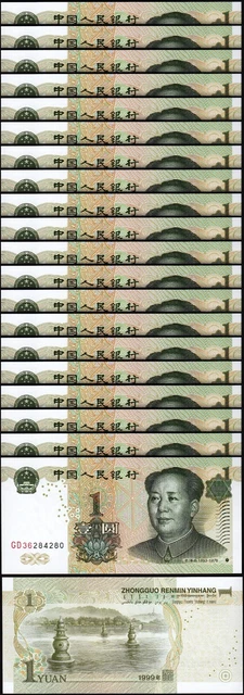 China 1 Yuan 1999, UNC, 20 Pcs LOT, Consecutive, P-895, MAO