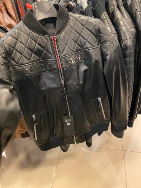 Women Philipp Plein Quilted Black Lambskin Genuine Leather Bomber Jacket
