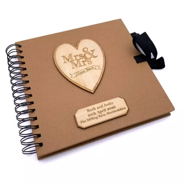 Mrs and Mrs Personalised Brown Wedding Guest Book Wooden Engraving