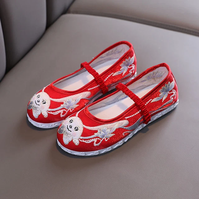 Cinese Bambine Rete Tela Piatta Scarpe Ricamato Floreale Ballet Mocassini Rétro