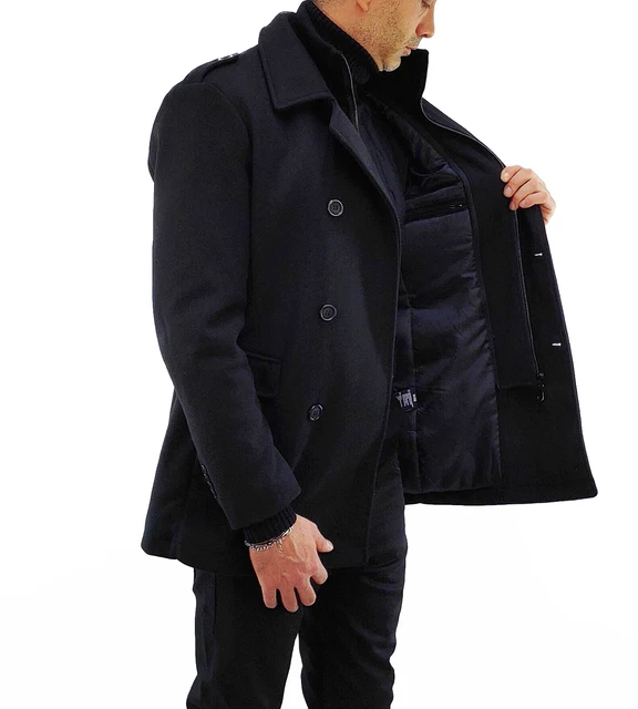 Giubbotto Invernale Uomo Cappotto Lungo Pesante Slim Fit con Cappuccio Blu Nero