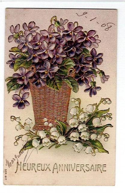 CPA Fantaisie dorée Gaufrée HEUREUX ANNIVERSAIRE Bouquet Muguet - Ecrite 1908