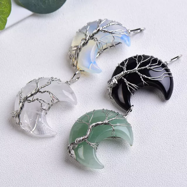 Natural Healing Crystal Quartz Wire Wrap Tree Of Life Crescent Moon Gem Pendant