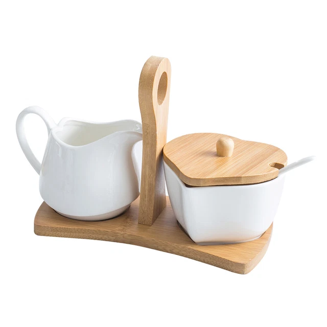 Juego de porciones de café de madera conjunto de contenedores de jarra de porcelana blanca