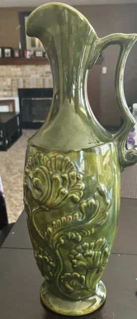 Vintage 1970’s Olive Green Pottery Pitcher Vase Floral Ceramic Large 17” MCM