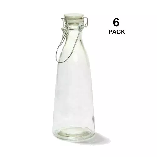 6x Round Vintage Glass Water / Kombucha Bottle 1 Litre Swing Top Flip top