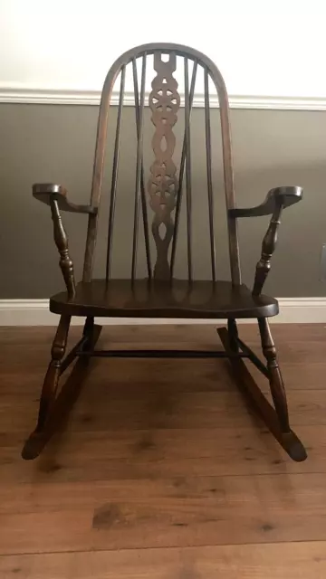 Vintage Oak Dark Stain High Wheelback Rocking Chair