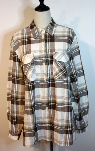 Vintage 1990's Size 16 Brown Cream Tan Cotton Check Plaid Casual Grunge Shirt