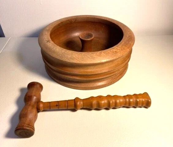Vintage Mid Century Nutcracker Solid Wood Bowl and hammer set 12" 1950s 1960s