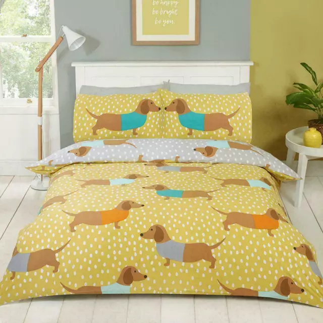 Dolly Dachshund Single Duvet Cover Set 2-in-1 Designs Sausage Dog Yellow/Grey