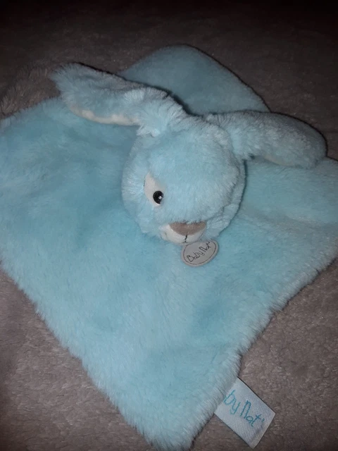 Dp1/Doudou Plat Carre Baby Nat Lapin Menthe Bleu Turquoise Blanc Poil Long Ttbe