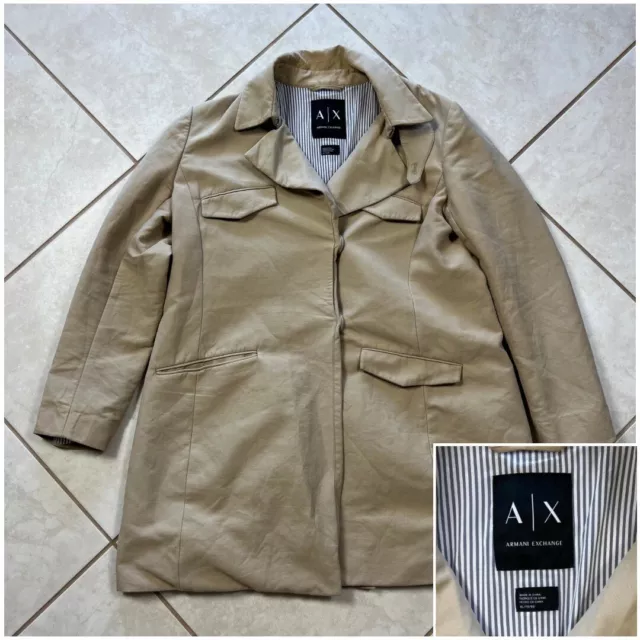 Armani Exchange Women's Trench Coat Jacket Snap Button Long Sleeve Beige Sz XL