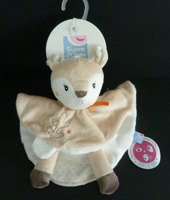 V5. Doudou Plat Sucre D'orge Biche Faon Ecru Beige Blanc Ruban Orange Rond Neuf