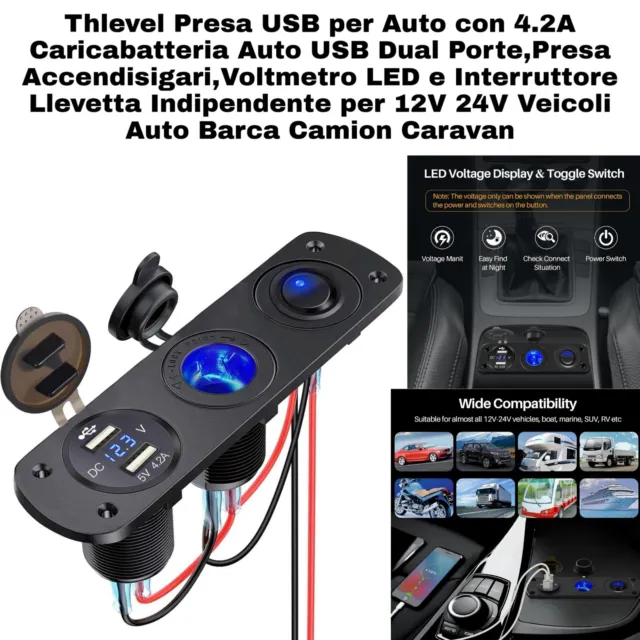 Presa USB per Auto Doppia USB 12V-24V 4.8A Caricabatterie Auto USB Presa  Impermeabile Caricatore Auto per Barche,Camper, Marine, Camion.