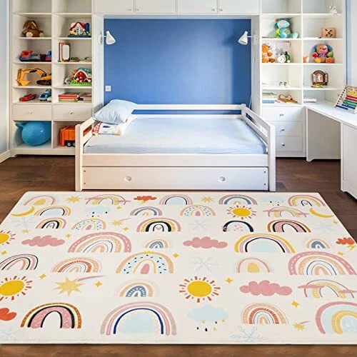 Soft Kids Area Rug, Large Washable Space Mat, Non-Slip Cute Rainbow Weather