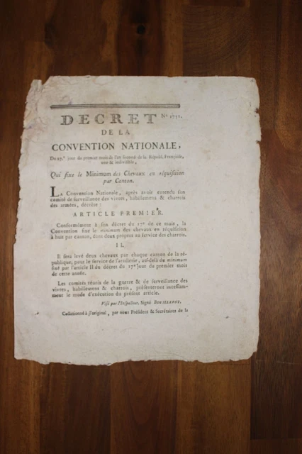 ✒ Révolution CONVENTION NATIONALE Décret réquisition CHEVAUX canton 1793
