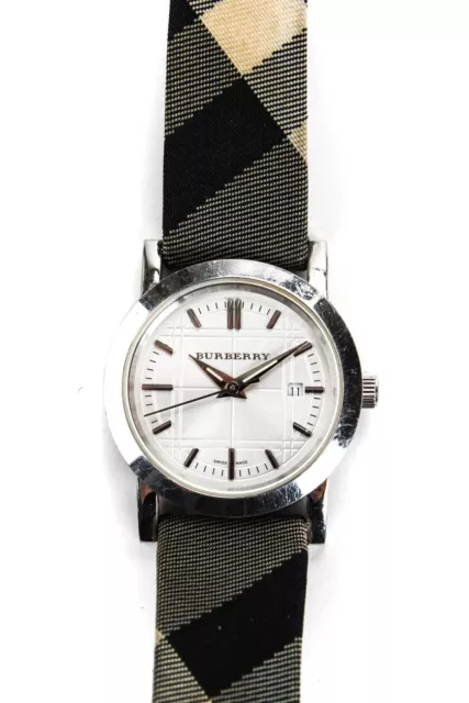 Burberry Womens Plaid Leather Stainless Steel Watch Gray Silver Tone BU 1386