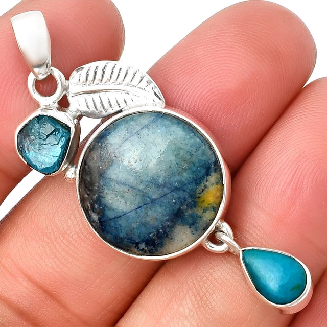 Blue Scheelite, Apatite Rough & Azurite Chrysocolla 925 Silver Pendant P-5286