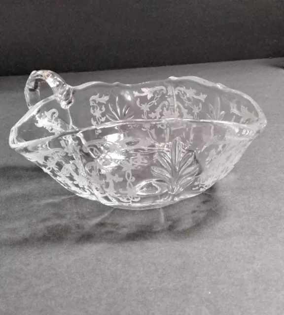 Fostoria Navarre Triangle Footed Bowl Handled Etched Florals Vintage Dish 8 Oz