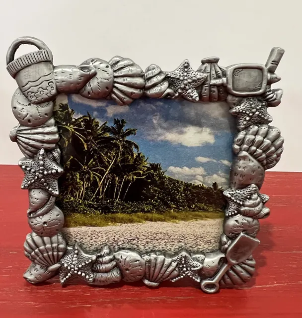 4” pewter photo frame beach seaside theme Holds 3” Photo Heavy And Detailed