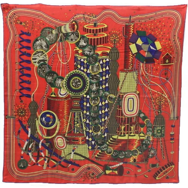 HERMES Cashmere Silk Shawl Scarf 140 LE LABOR ATOIRE DU TEMPS Red Multi R1335