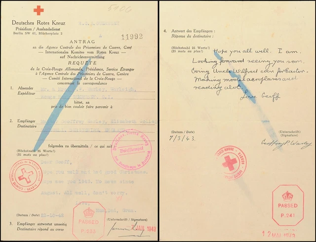 8542) Rotkreuz-Nachrichten Brief 23.10.42 Guernsey nach England Antwort 7.3.43