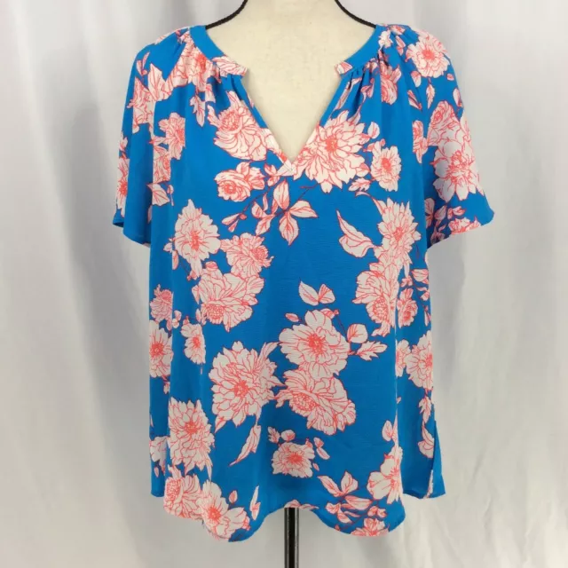 NWOT Studio B by Bobeau Womens Size XL Floral Top V-Neck Short Sleeve Blue