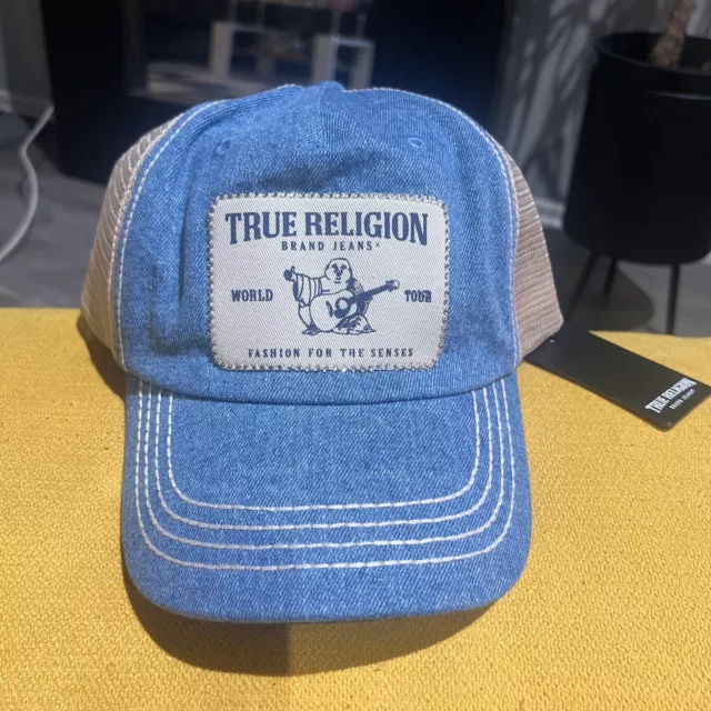 True Religion Trucker Hat Blue Denim Cotton Adjustable Embroidered Baseball Cap