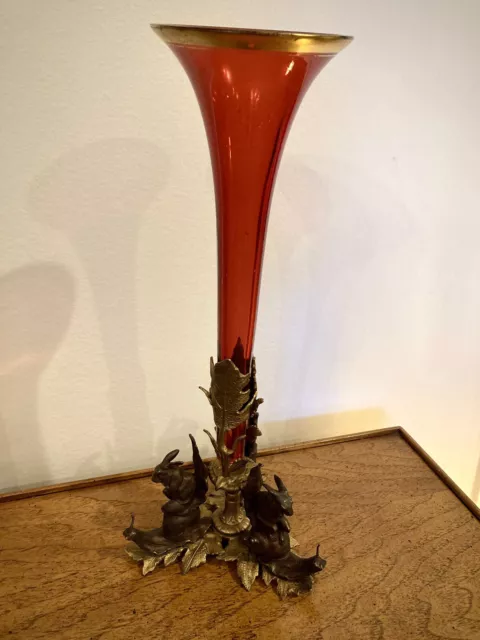 Antique Figural Bronze/Brass? Rabbit Base Epergne W/ Cranberry Glass