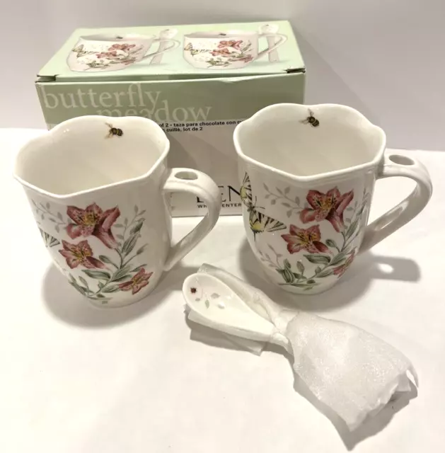 LENOX Butterfly Meadow Cocoa Tea Lilies Bee Mug with Spoon Set of 2 New in Box