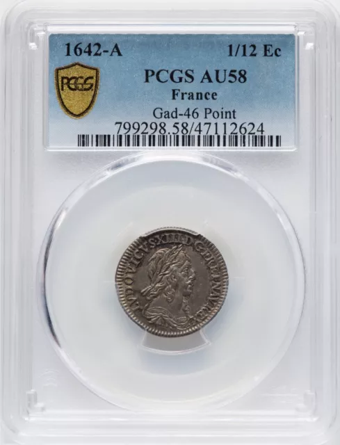 France Louis Xiii  1642-A  1/12 Ecu Silver Coin, Pcgs Certified Almost Unc. Au58