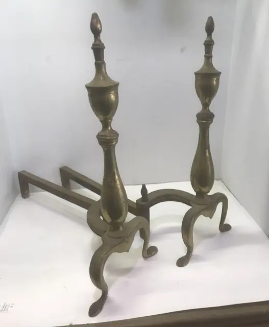 ANTIQUE BRASS ANDIRONS FIRE PLACE DOGS 17” High Puritan Colonial LEGS