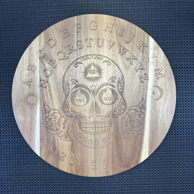 SPOOKY! 16” Engraved Sugar Skull Ouija Board Spinning Wooden Round Serving Tray