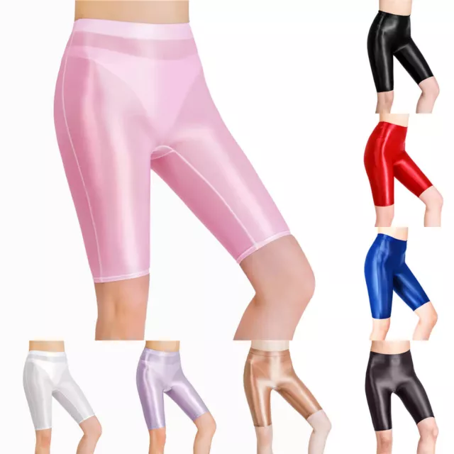 Leggings da donna raso lucido stretch wetlook jegging pantaloni corti