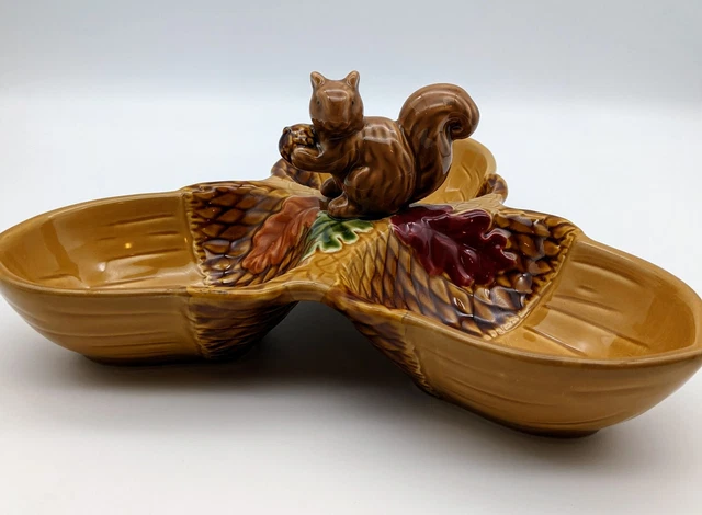 Divided Condiment Nut Shaped Dish With Squirrel