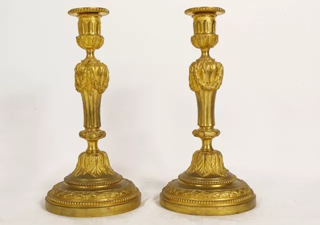 Pair Candle Holders Torchlight Louis XVI Bronze Golden Tinsel Beads Xviiième