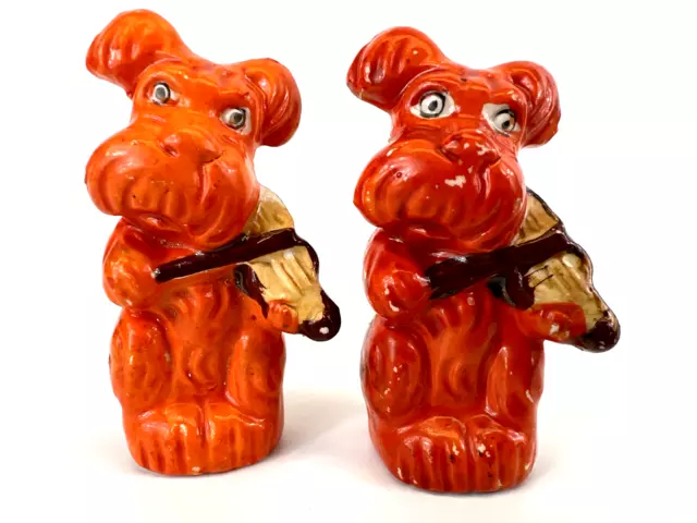 Vintage Orange Scottie Terrier Dogs Playing Violin Salt and Pepper Shakers Japan