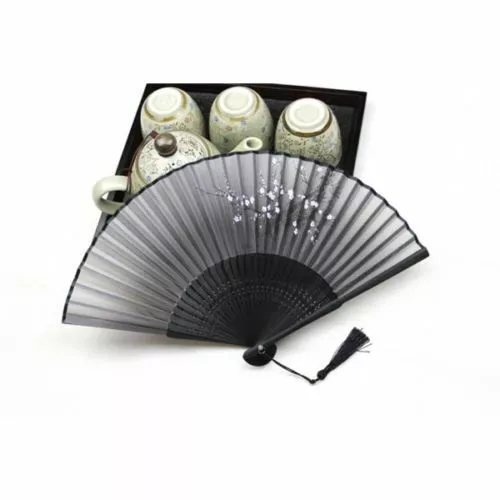 Retro Chinese Japanese Folding Black Hand Held Fan Silk Flower Bamboo Pocket Fan