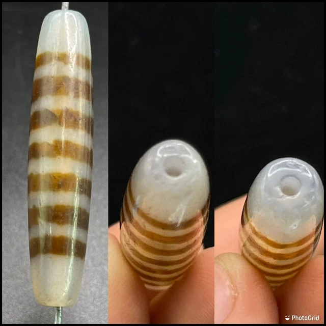 Fantastic Ancient Rare  Patter s lines Himalayan indo Tibetan Old Agate Dzi Bead
