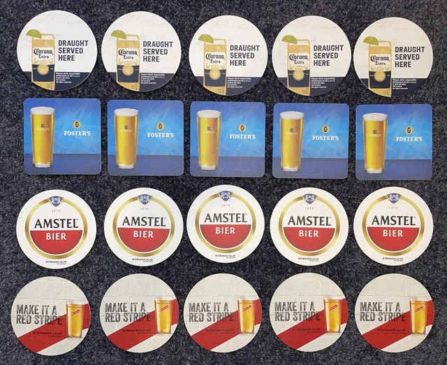 20 X Corona, Amstel, Fosters & Red Stripe Beer Mats - Home Bar / Pub Experience