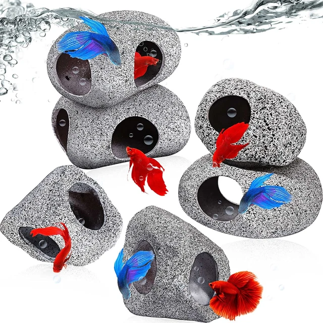 6 Pieces Aquarium Decoration Rock Caves Stackable Ceramic Fish Tank Hideout Cave