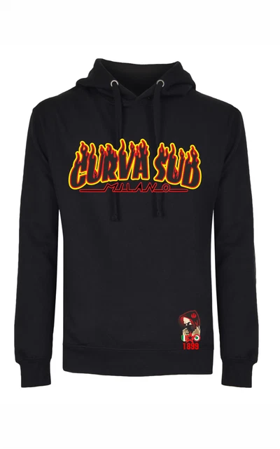 Felpa nera unisex con cappuccio e marsupio con stampa Curva sud fiamme