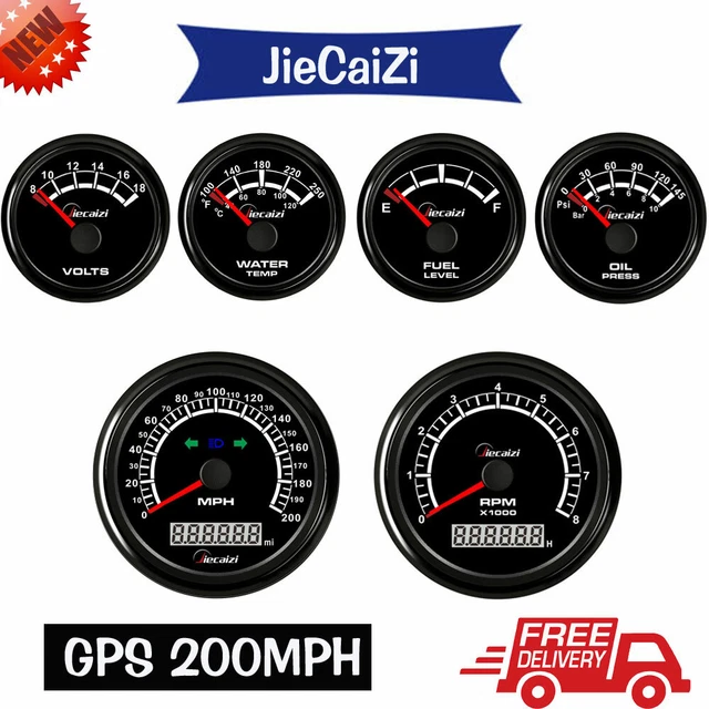 6 GAUGE SET black 200mph gps speedometer tachometer fuel volts oil temp