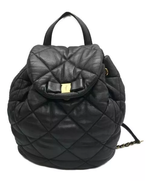 SALVATORE FERRAGAMO VARA Ribbon Quilting Leather Backpack Bag Black It ...